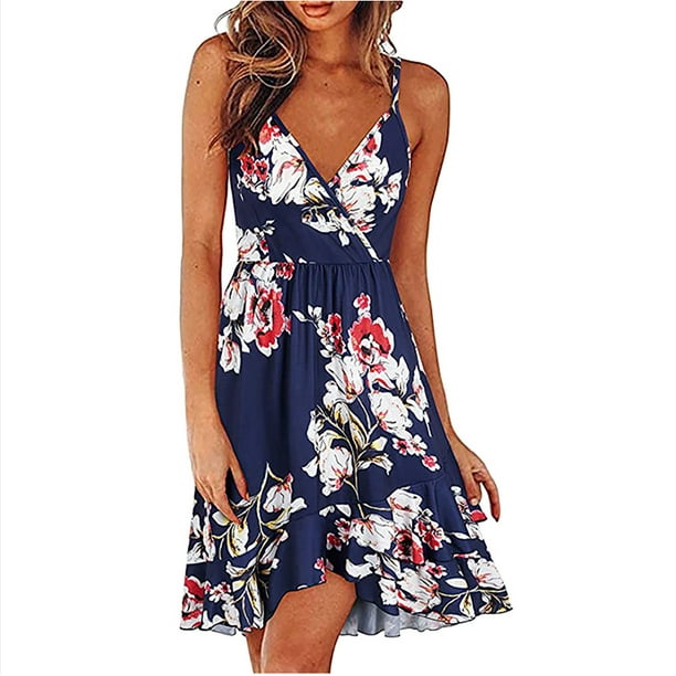 Women Print V Neck Backless Suspender Dress Holiday Summer Beach Ruffle Dresses